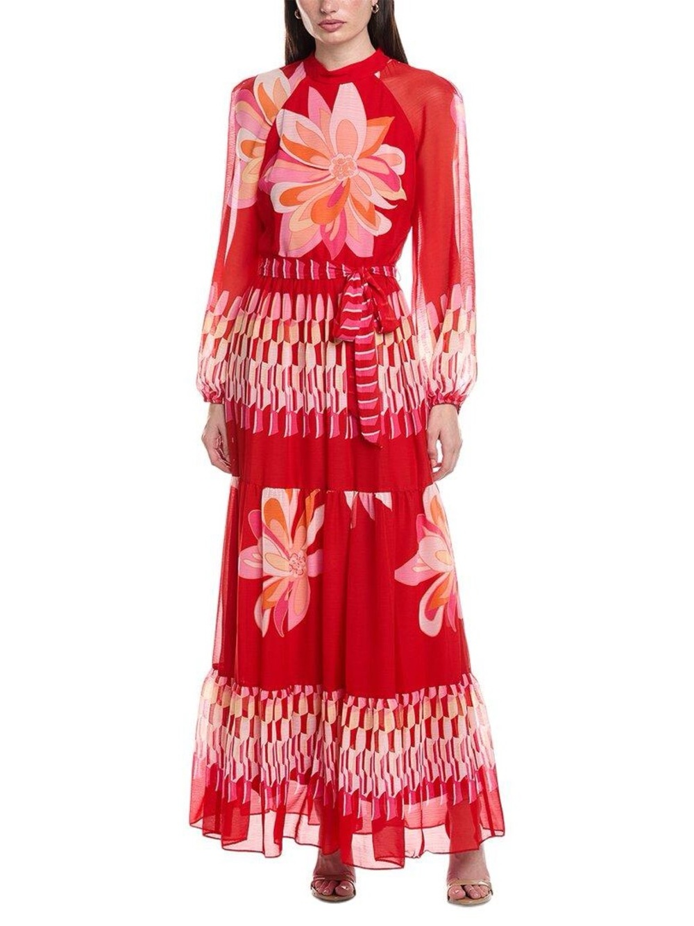 Maison Tara Red Floral Chiffon Maxi Dress/Blouson Sleeve/Tiered/Size 16